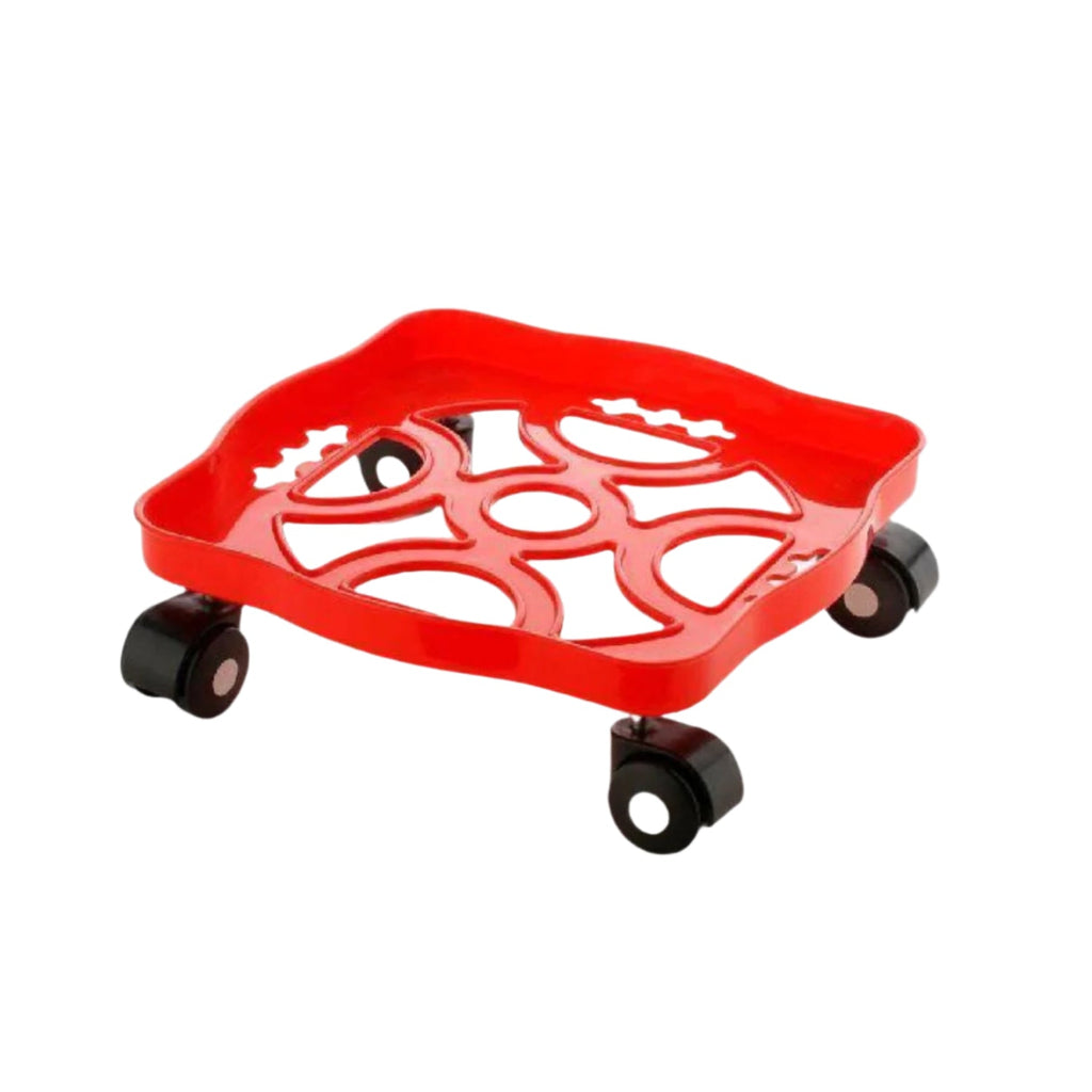 Durable square plastic gas cylinder stand with four wheels on a white background.