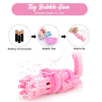 Close-up of a child's hands holding the battery operated bubble gun, ready for fun.