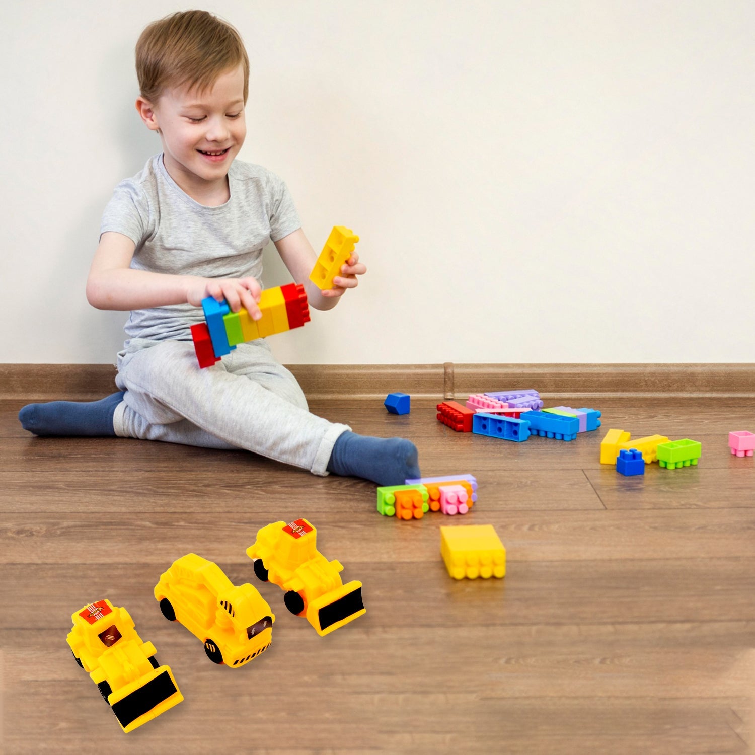 A vibrant 6 Pcs Kids Construction Vehicle Set displayed, ready for play.