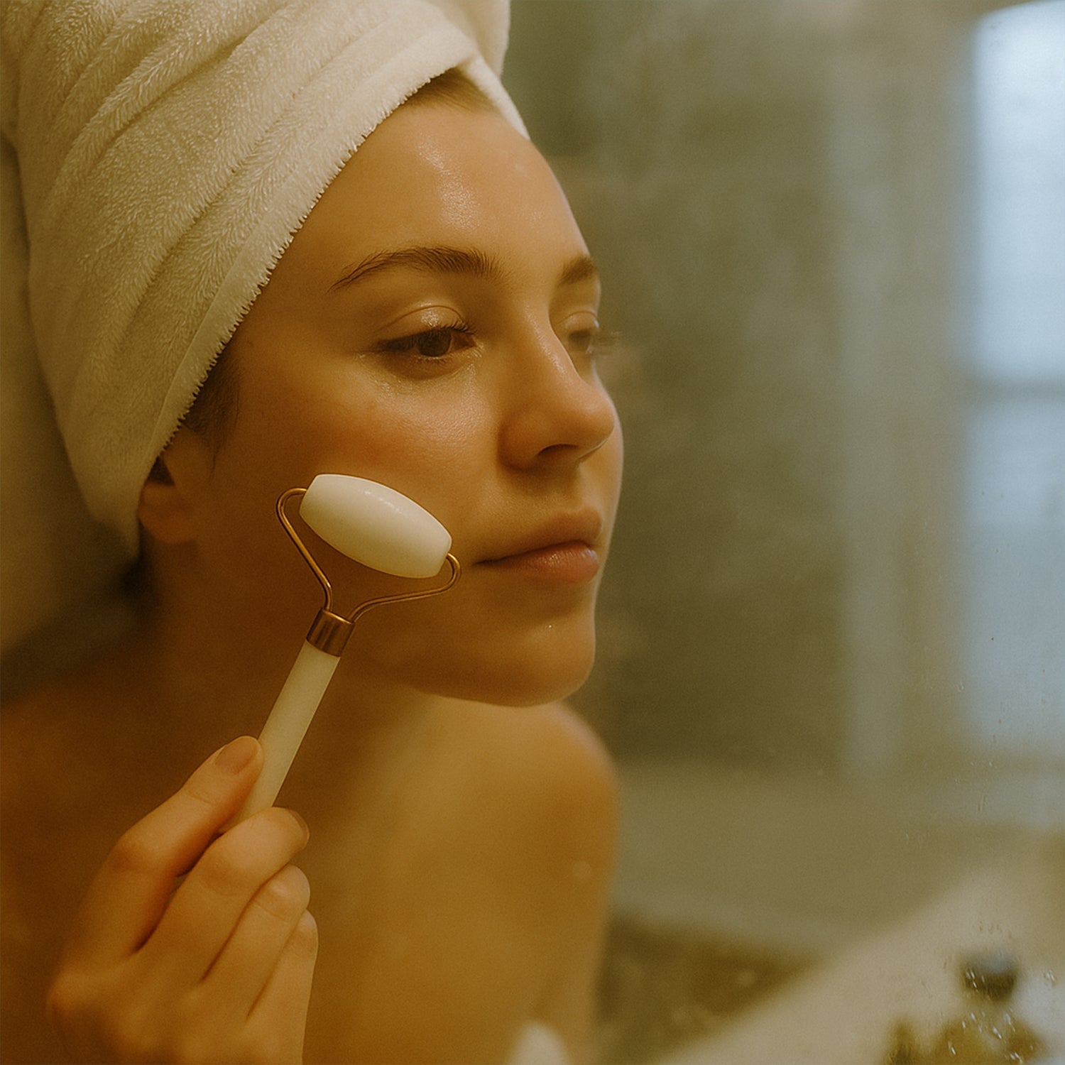 Angled view of the cooling stone face massage roller showing its ergonomic design.