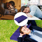 Blue velvet inflatable travel pillow for comfortable journeys, main shot.
