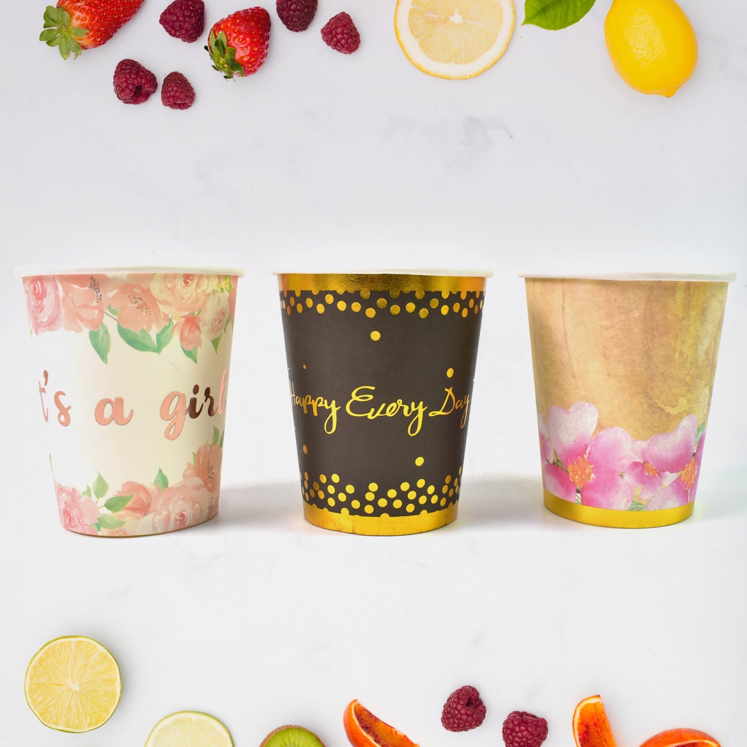 Colourful disposable paper cups in a set, ready for use.