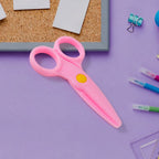 Child-safe plastic scissors with plastic blades designed for cutting paper only.