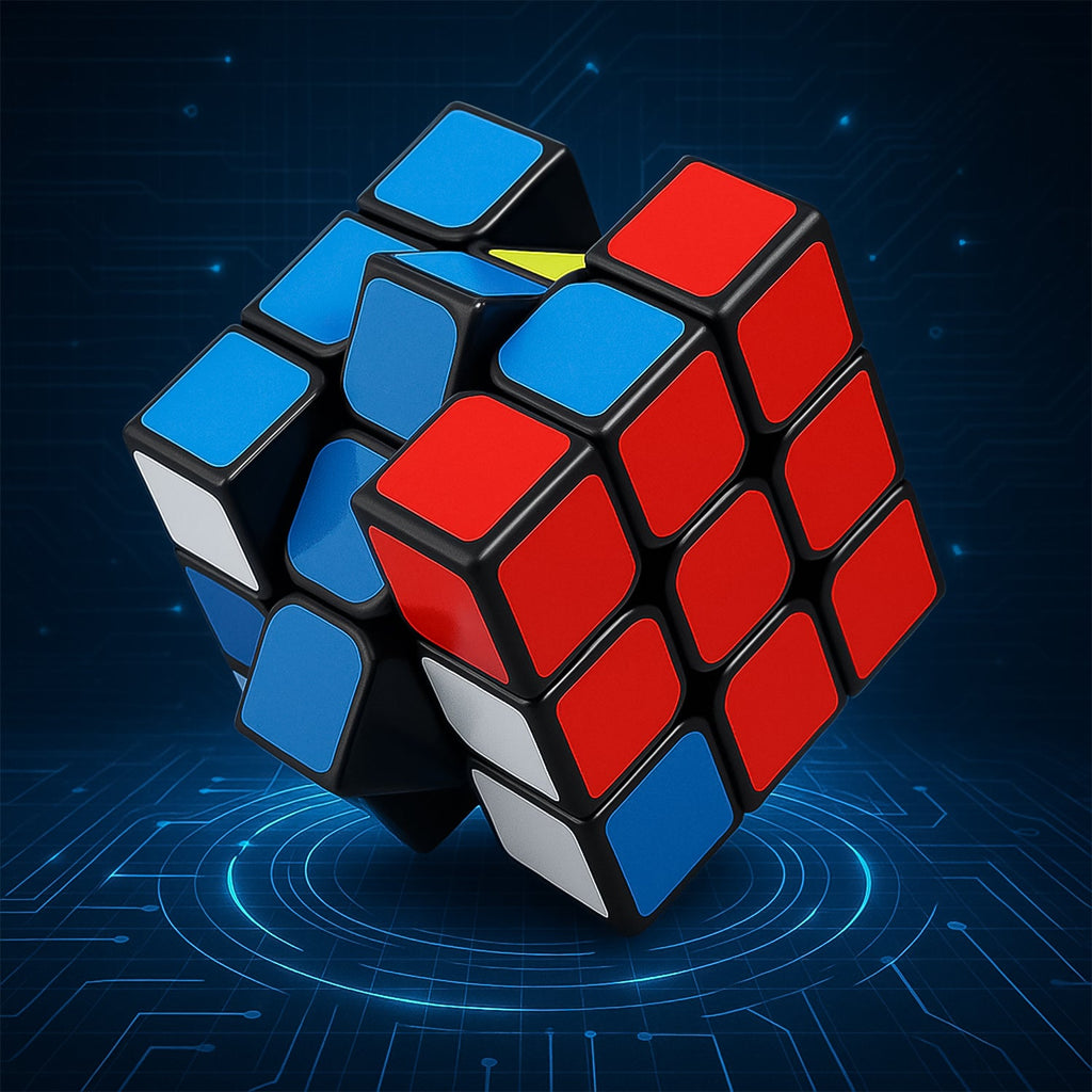 Close-up shot of the colorful 3x3x3 puzzle cube, emphasizing its distinct panels.