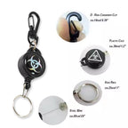 Compact retractable key chain holding keys and an ID card, demonstrating its use.
