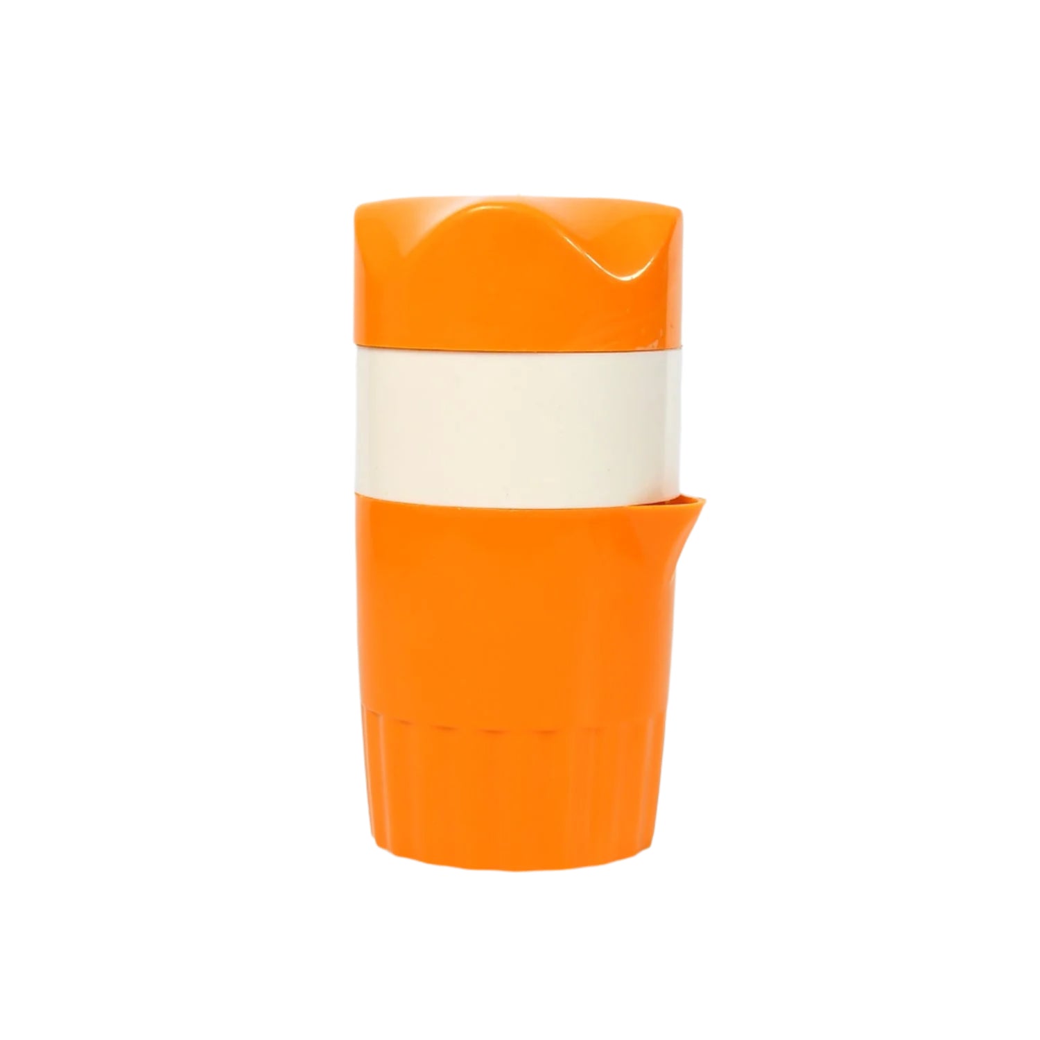 Manual orange juice maker with an angled spout for drip-free pouring.