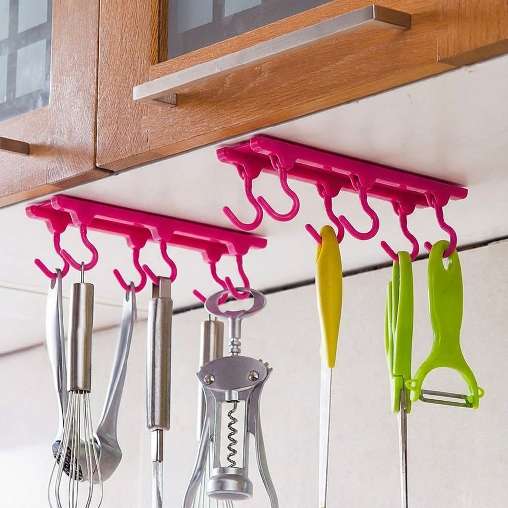 Pink multi-purpose hanging organizer with 6 durable hooks for organizing keys and utensils