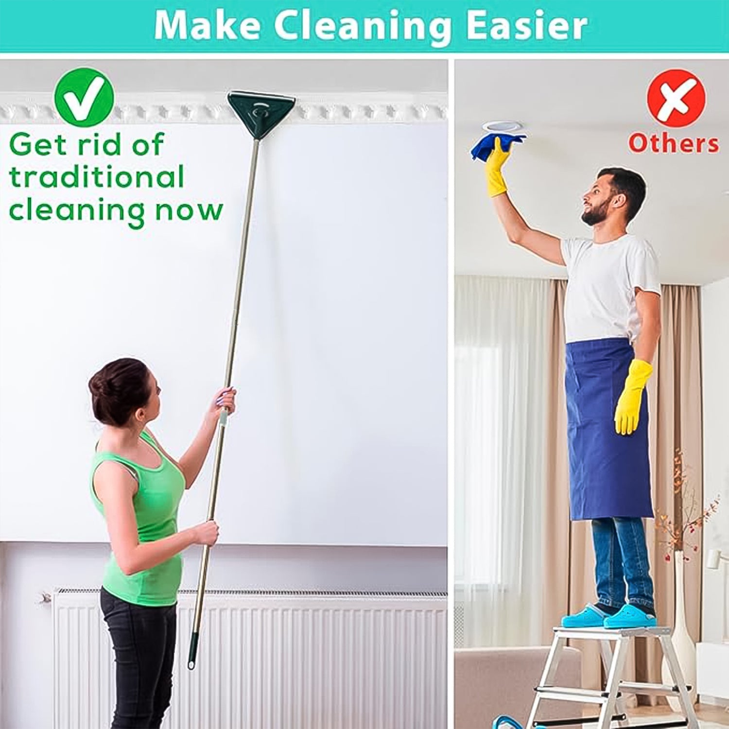 The versatile triangle mop demonstrating its telescopic handle for high-reach cleaning.