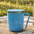 Side profile of the orange insulated coffee mug, highlighting its sleek design.