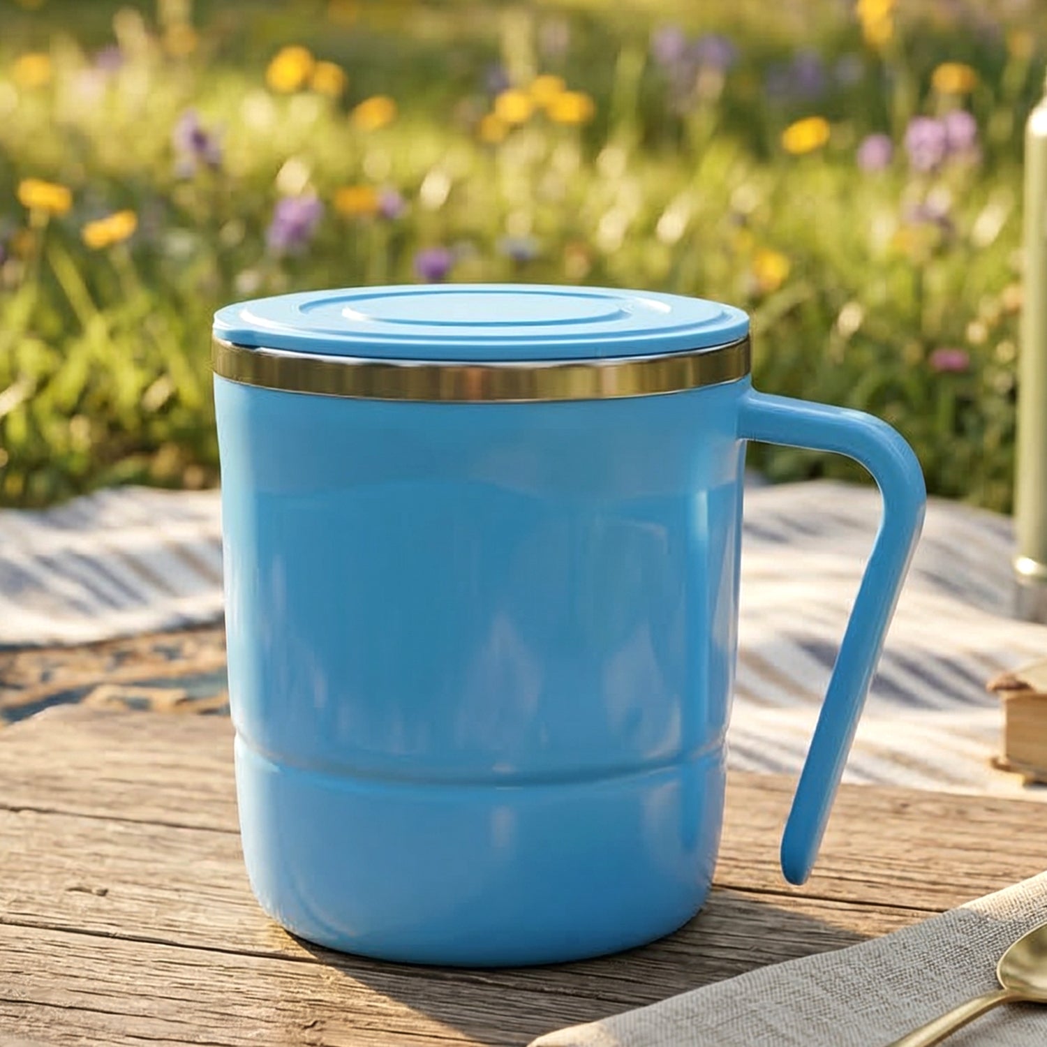 Side profile of the orange insulated coffee mug, highlighting its sleek design.