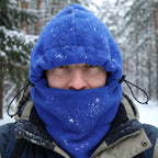 Close-up of winter fleece face cover highlighting soft fabric and full coverage design