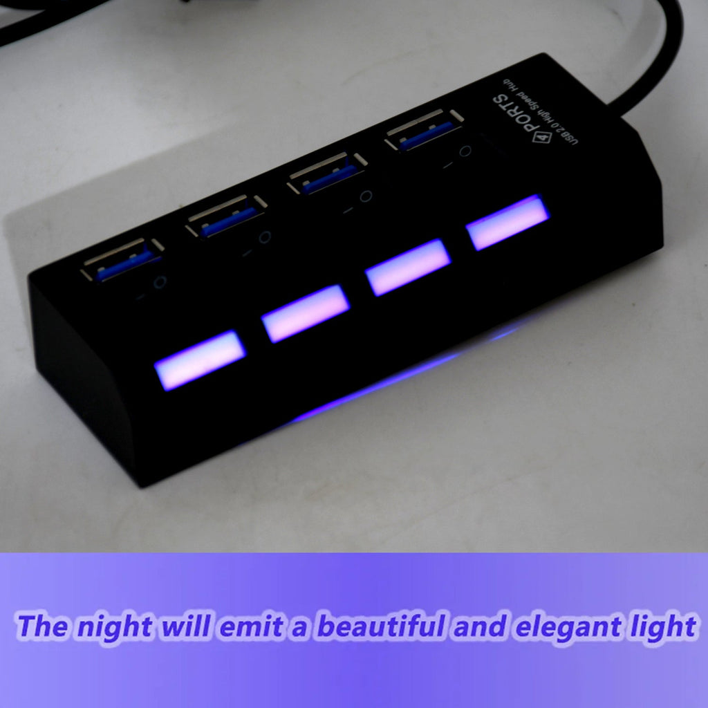 Top-down view of the USB splitter, highlighting the four ports and power switches.