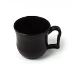 Close-up of the comfortable handle on a black plastic coffee mug.
