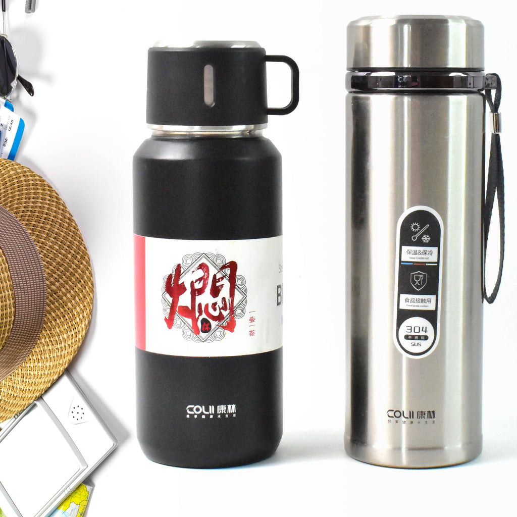 Durable stainless steel water bottle keeping drinks hot or cold for hours.