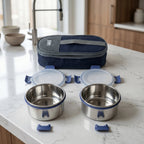Round stainless steel lunch boxes with secure lids