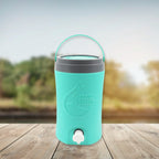 Side view of the multicolored insulated water jug, perfect for family use.