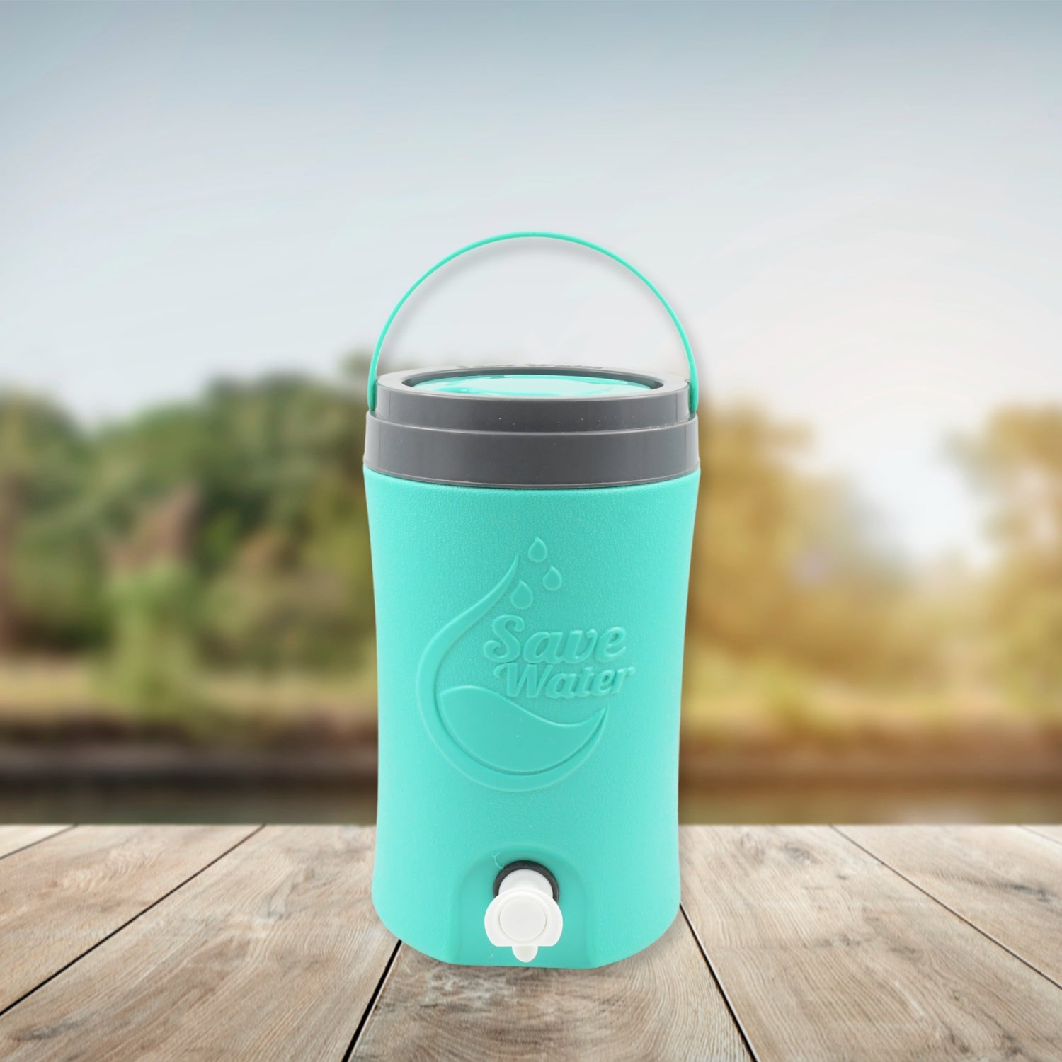 Side view of the multicolored insulated water jug, perfect for family use.