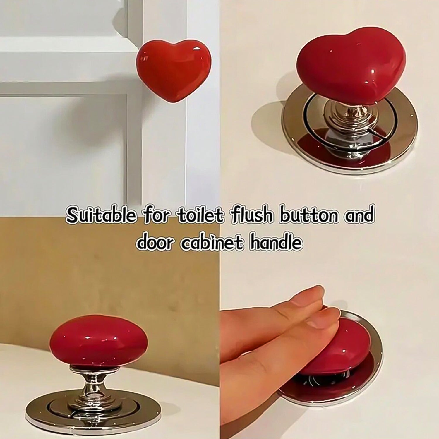 Shiny red heart-shaped knob reflecting light on a clean surface.