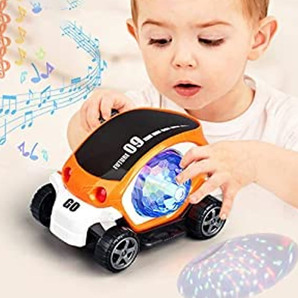 Underside of the red stunt car toy, highlighting its robust wheels and bump & go mechanism.