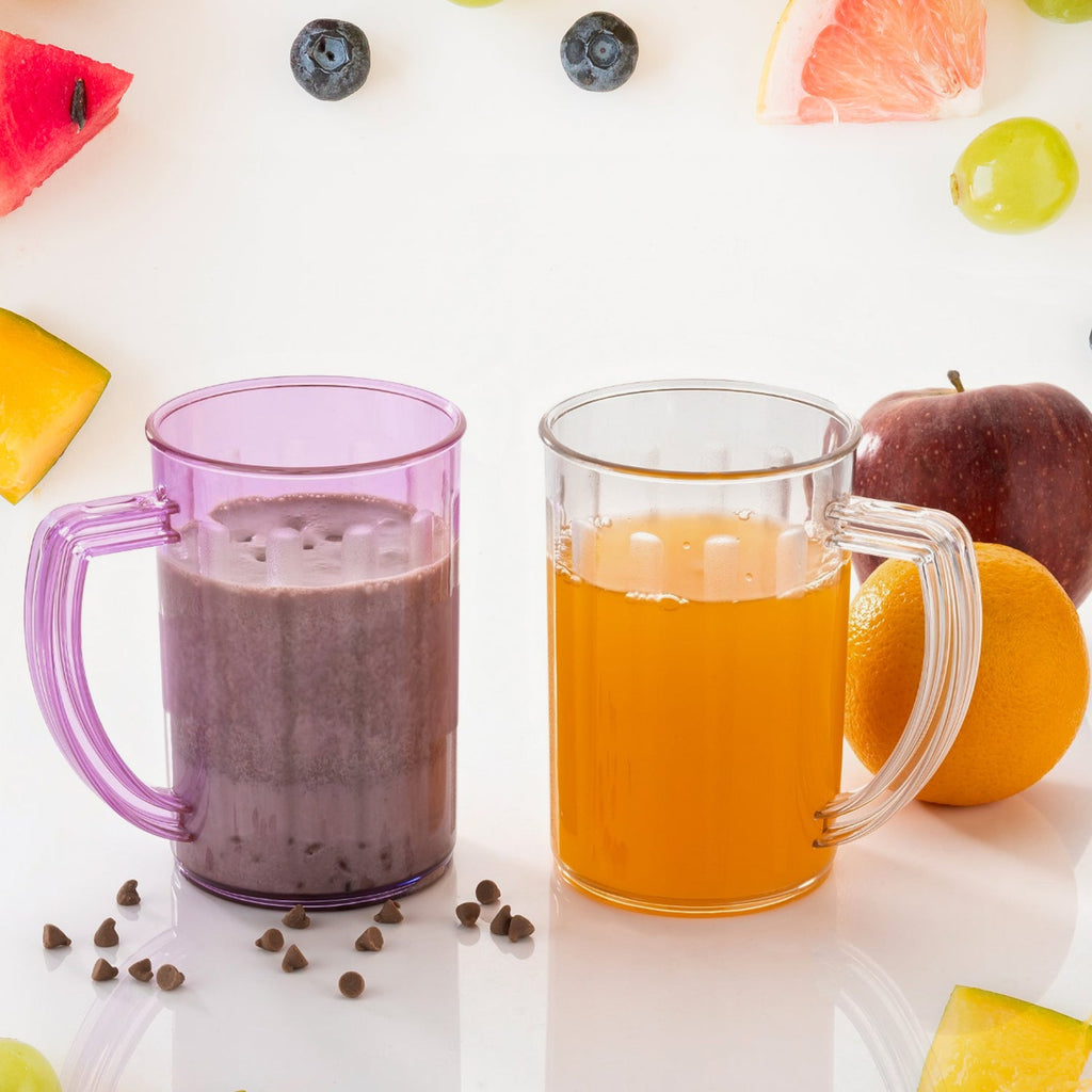 Pair of clear unbreakable plastic glasses with comfortable handles, perfect for everyday use.