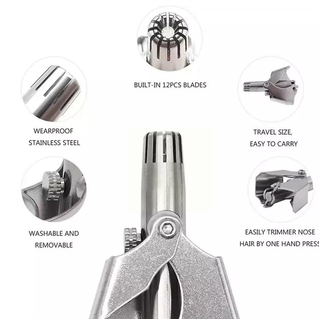 Detailed view of the nose hair clipper's head, demonstrating its safe trimming design.