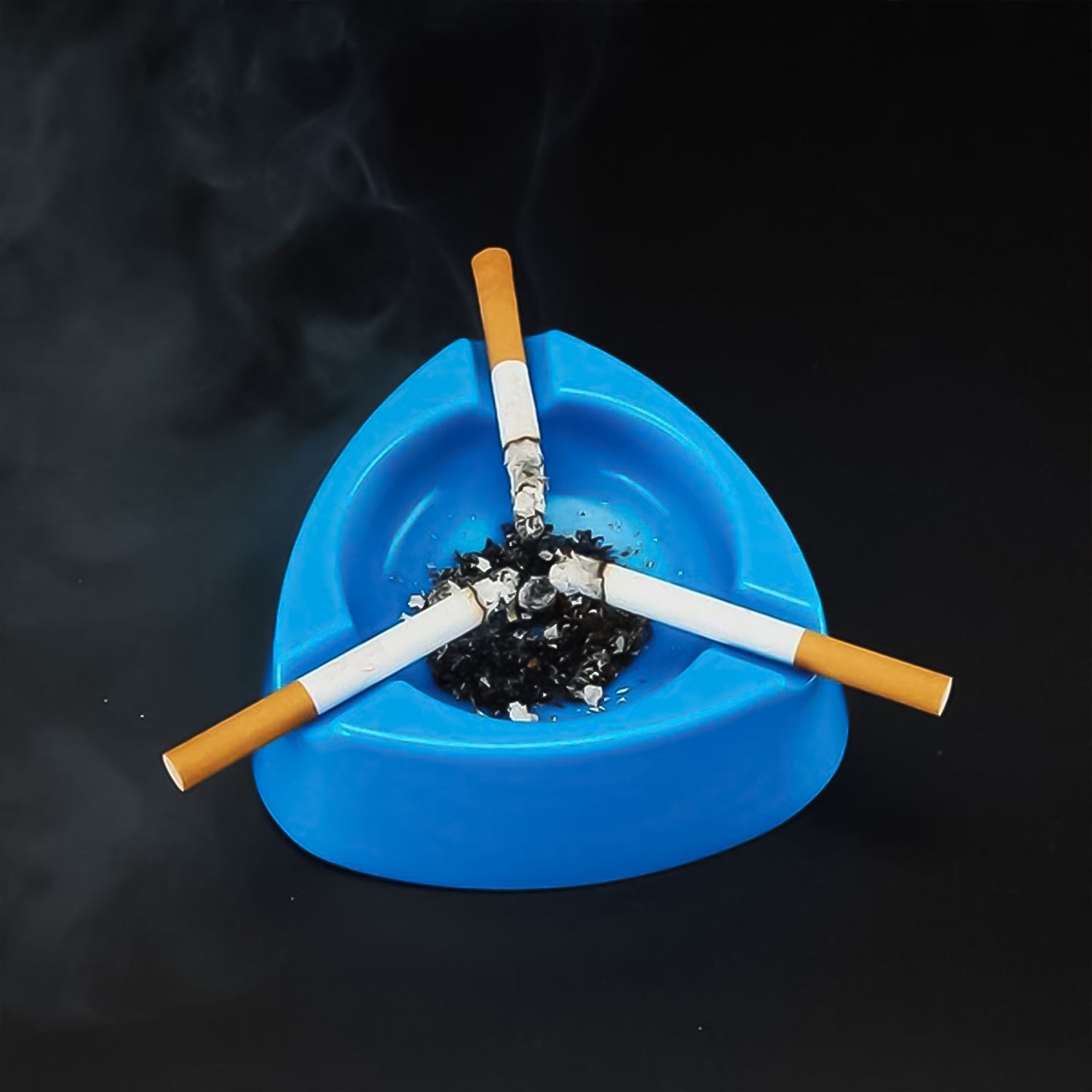 Side profile of plastic ashtray highlighting its depth and cigarette rests