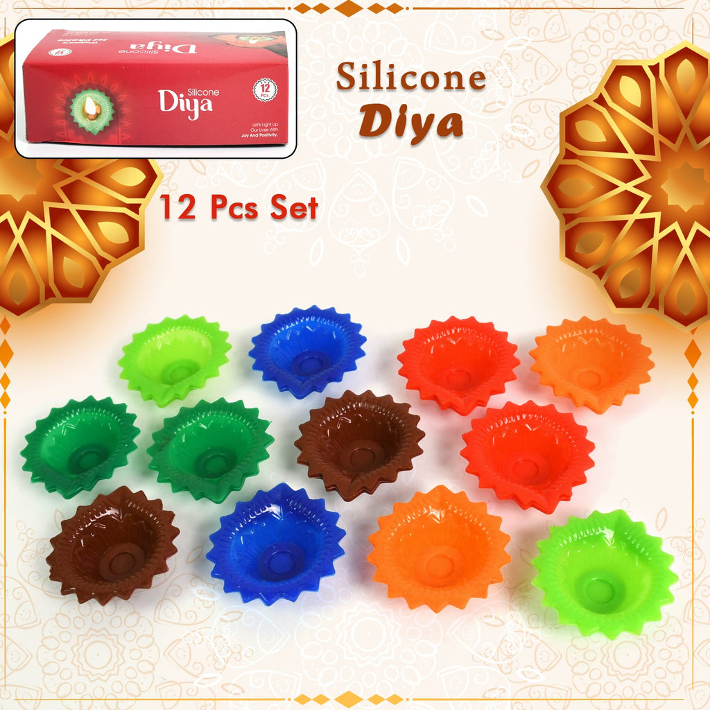 Colourful Silicone Diwali Diya set (12 Pcs) arranged for festive home decoration.