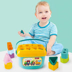 An overhead shot showing different colored geometric shapes of the stacking toy.