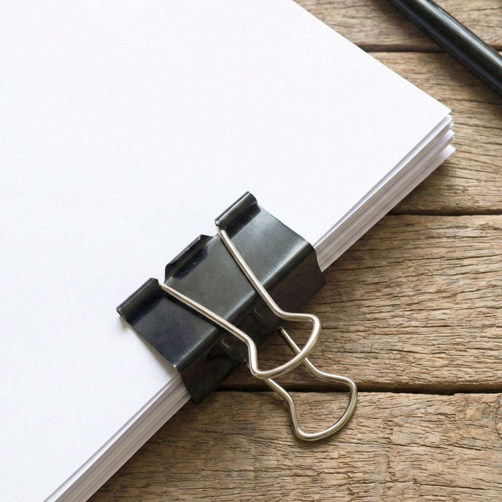 Office binder clips in black with silver handles holding documents