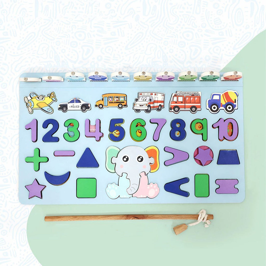 Detailed view of the magnetic rod and wooden number pieces of the puzzle.