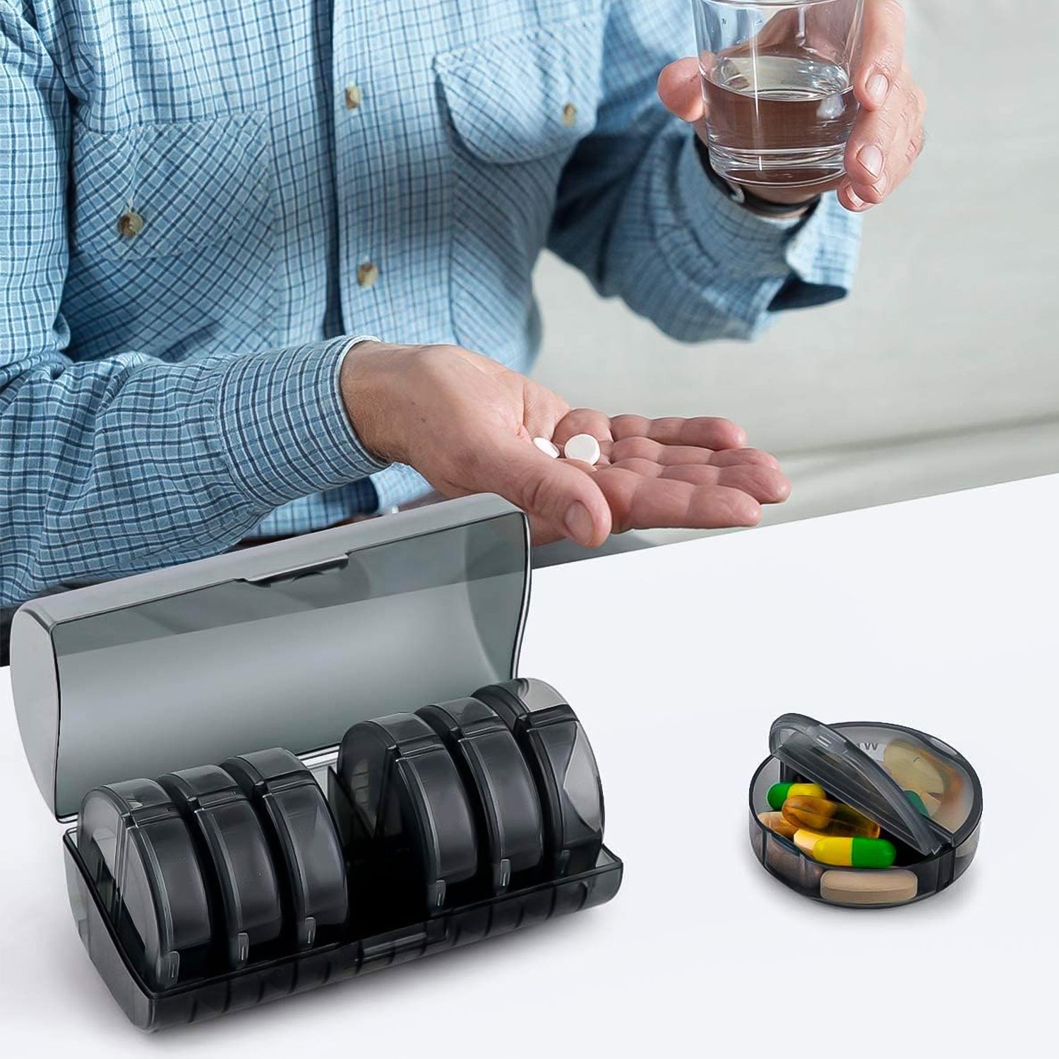 Angled view of the FERVENT Weekly Pill Organizer, showcasing its robust build.