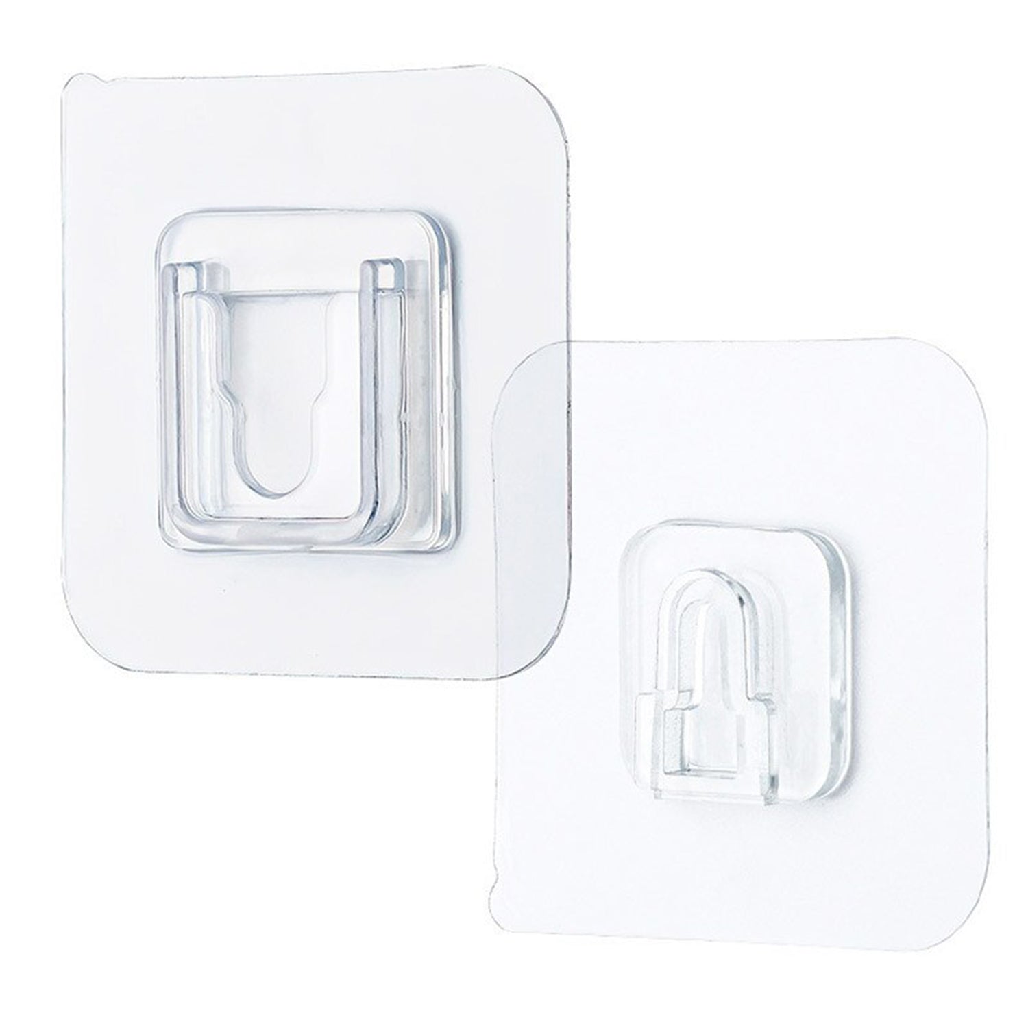 Single clear adhesive hook securely mounted on a smooth wall surface.