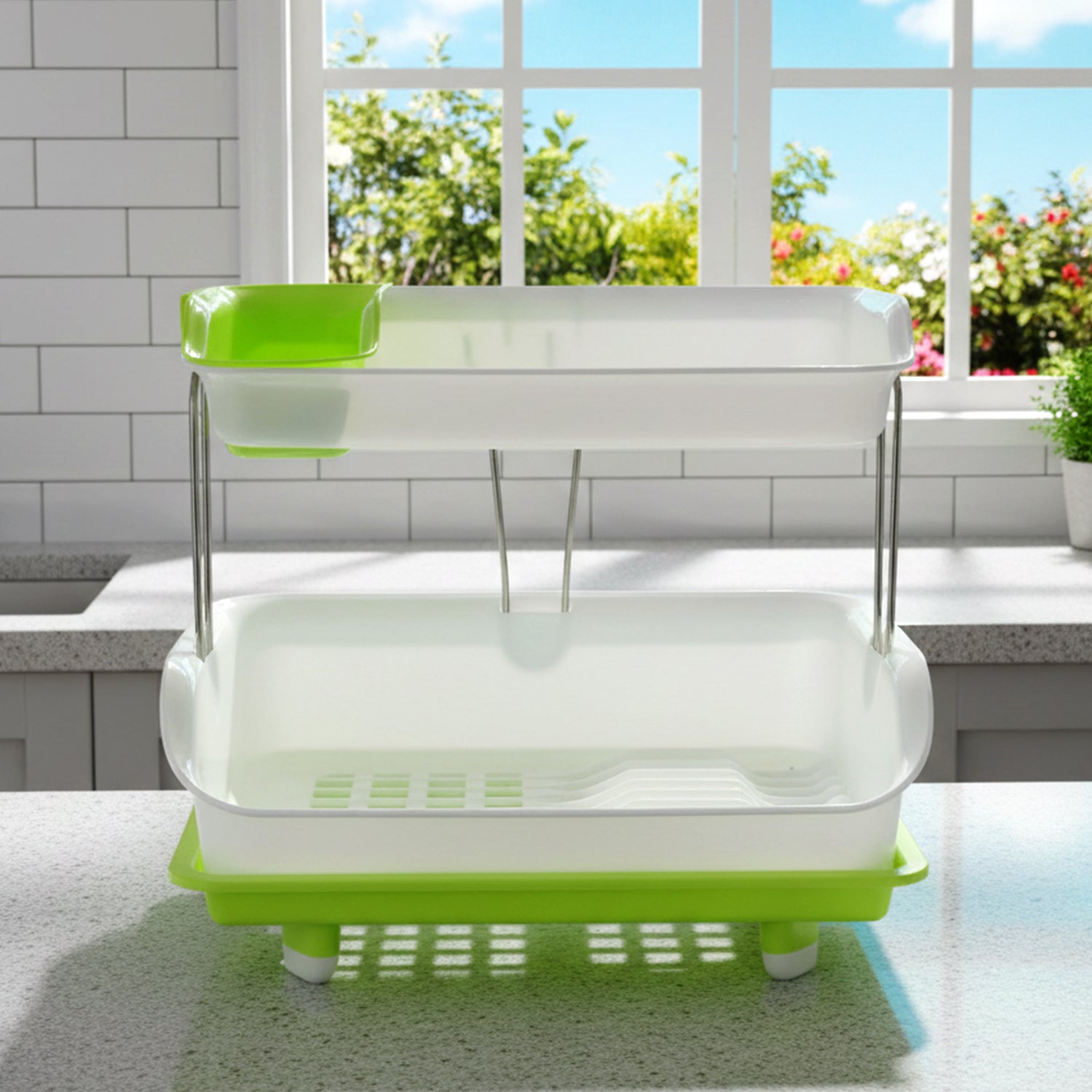 Dish rack with tray for efficient kitchen storage