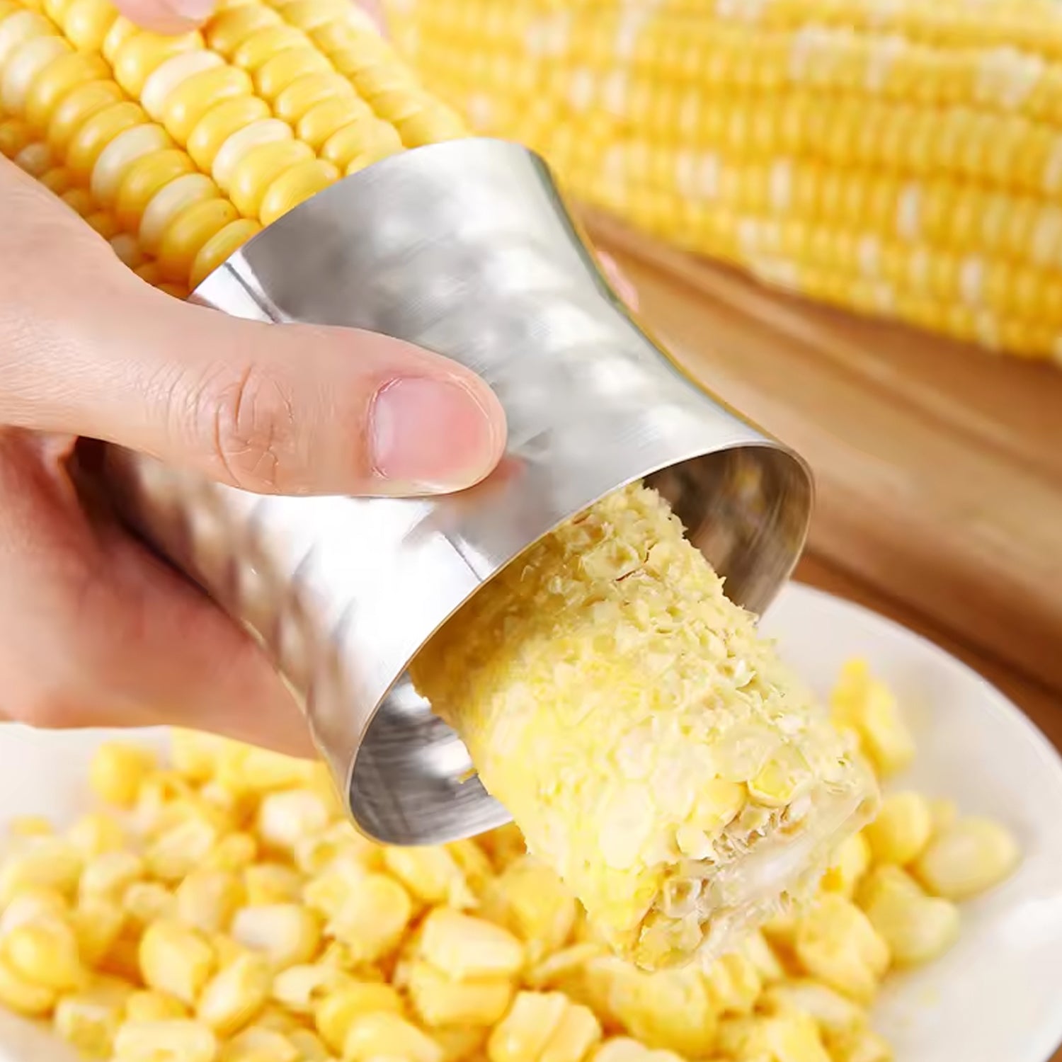 Safe corn peeler featuring an ergonomic hand protector for secure grip.