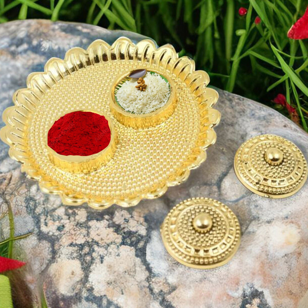 Elegant Puja Thali featuring a traditional design, perfect for Hindu ceremonies.