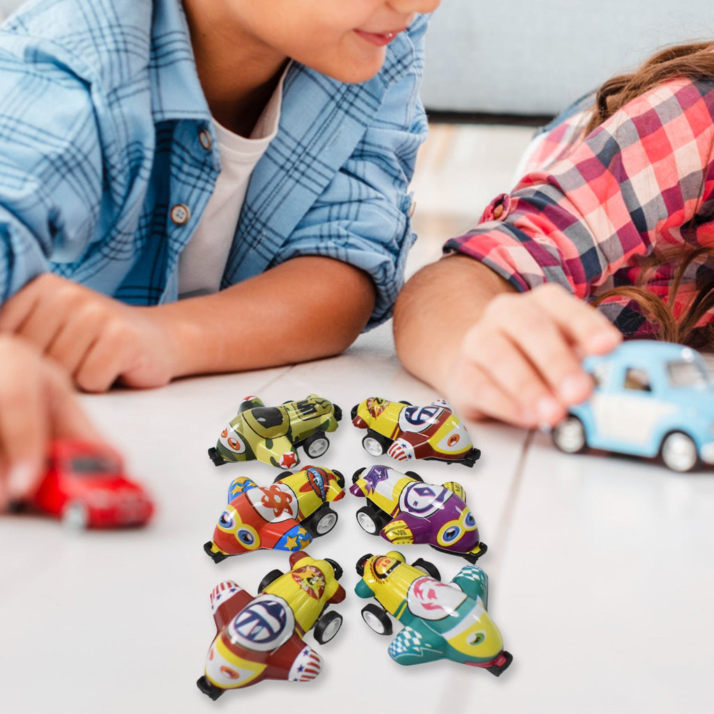 Close-up of durable mini pull back toy cars and planes.