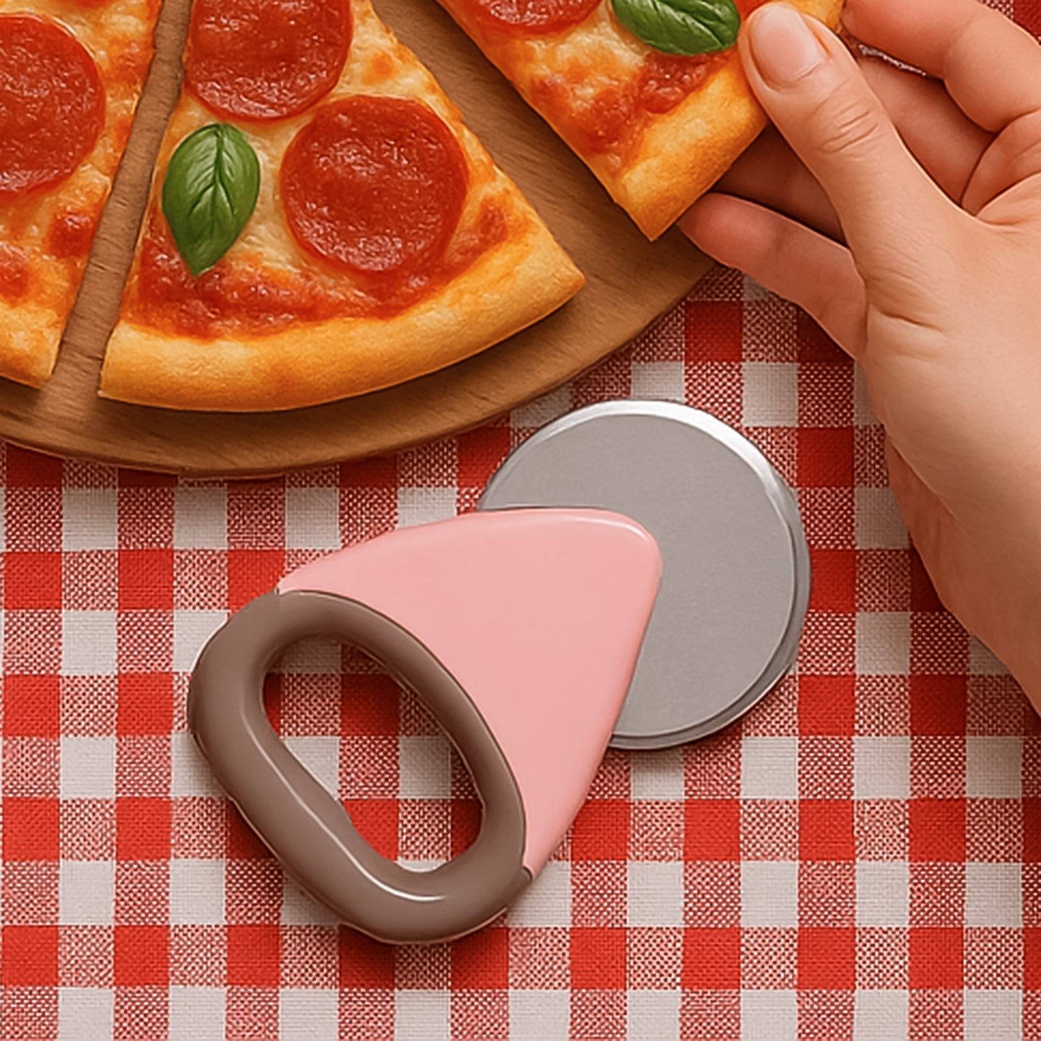 Pizza cutter smoothly slicing through crust with stainless steel rotating blade