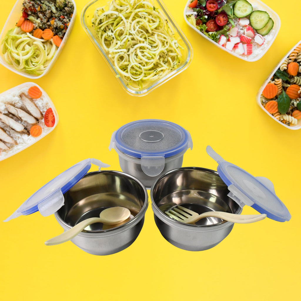 Compact tiffin set with stainless steel containers and bottle, neatly packed in a carry bag.