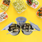 Compact tiffin set with stainless steel containers and bottle, neatly packed in a carry bag.