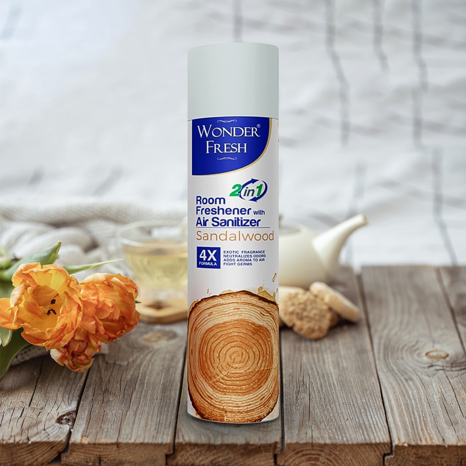 Wonder Fresh Sandalwood Air Freshener bottle shown with natural sandalwood pieces.