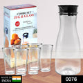 Clear water pitcher with six matching glasses, ideal for serving beverages.