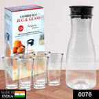 Clear water pitcher with six matching glasses, ideal for serving beverages.
