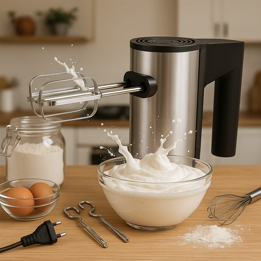 Orbit stainless steel electric hand mixer with dough hooks and beaters