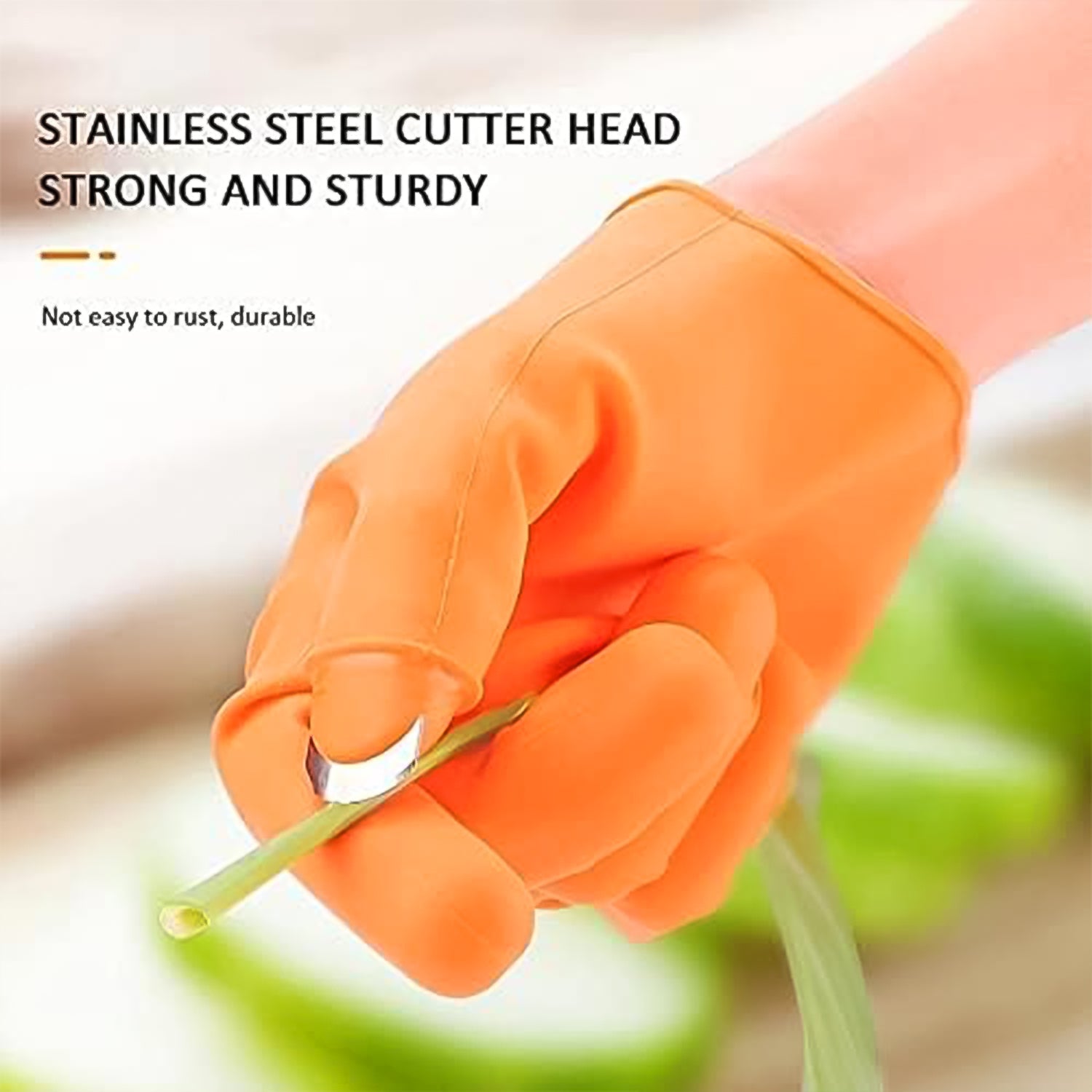 Pair of orange silicone gloves, highlighting the integrated thumb knife and finger protection.