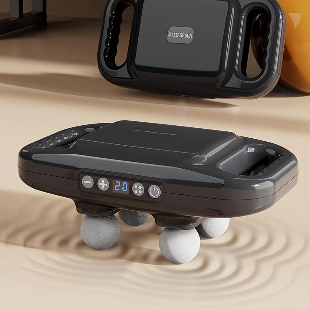 Close-up of the LED display and control buttons on the portable massage gun.