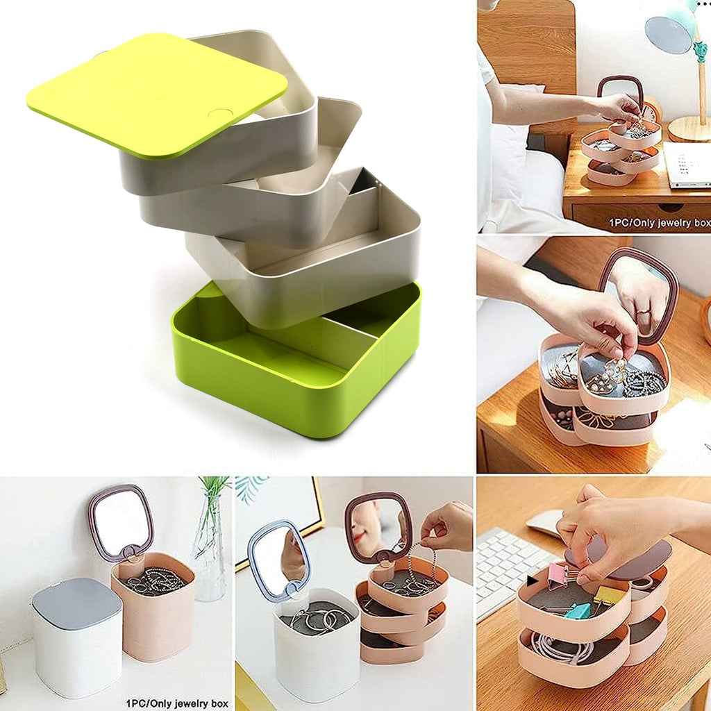 A white multi-layer jewelry box rotating to reveal organized accessories like earrings and bracelets.