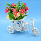 Plastic bicycle flower pot stand showcasing small plants