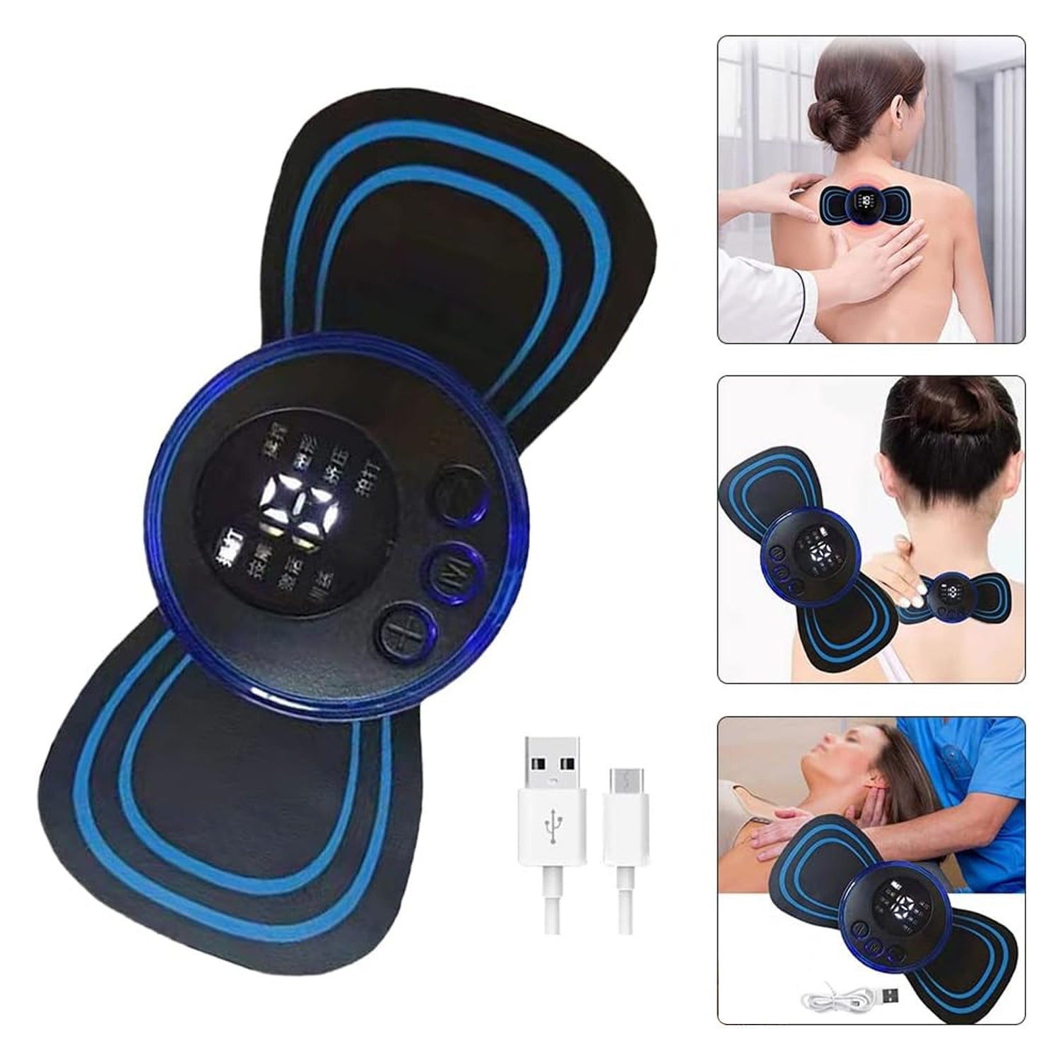 Retail packaging of the USB rechargeable portable neck massager.