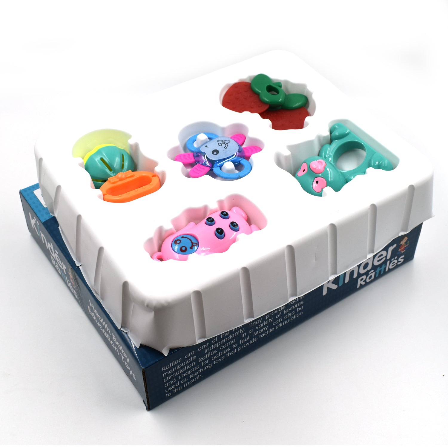 Colorful Baby Rattles Set with various textures for infant sensory play.