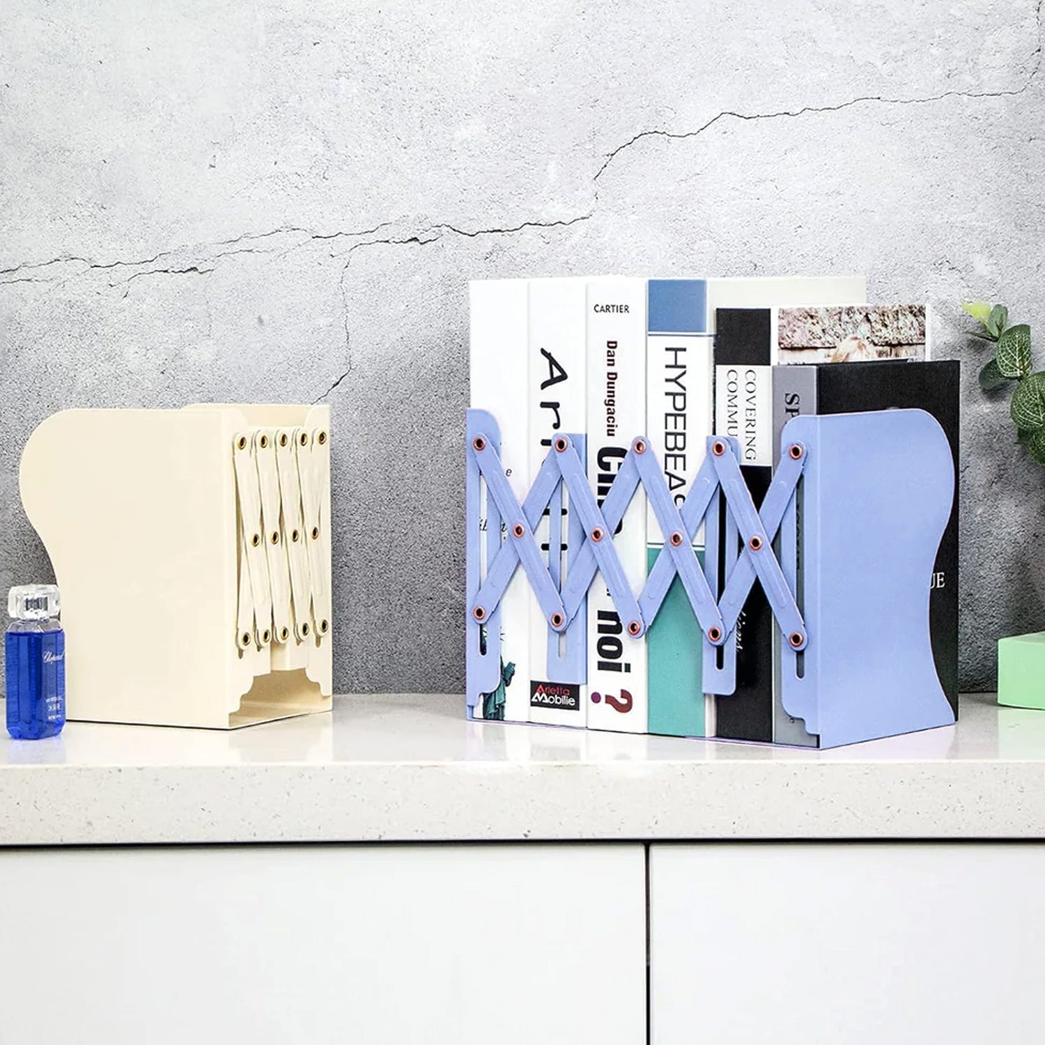 Expandable adjustable book stand showing different book capacities